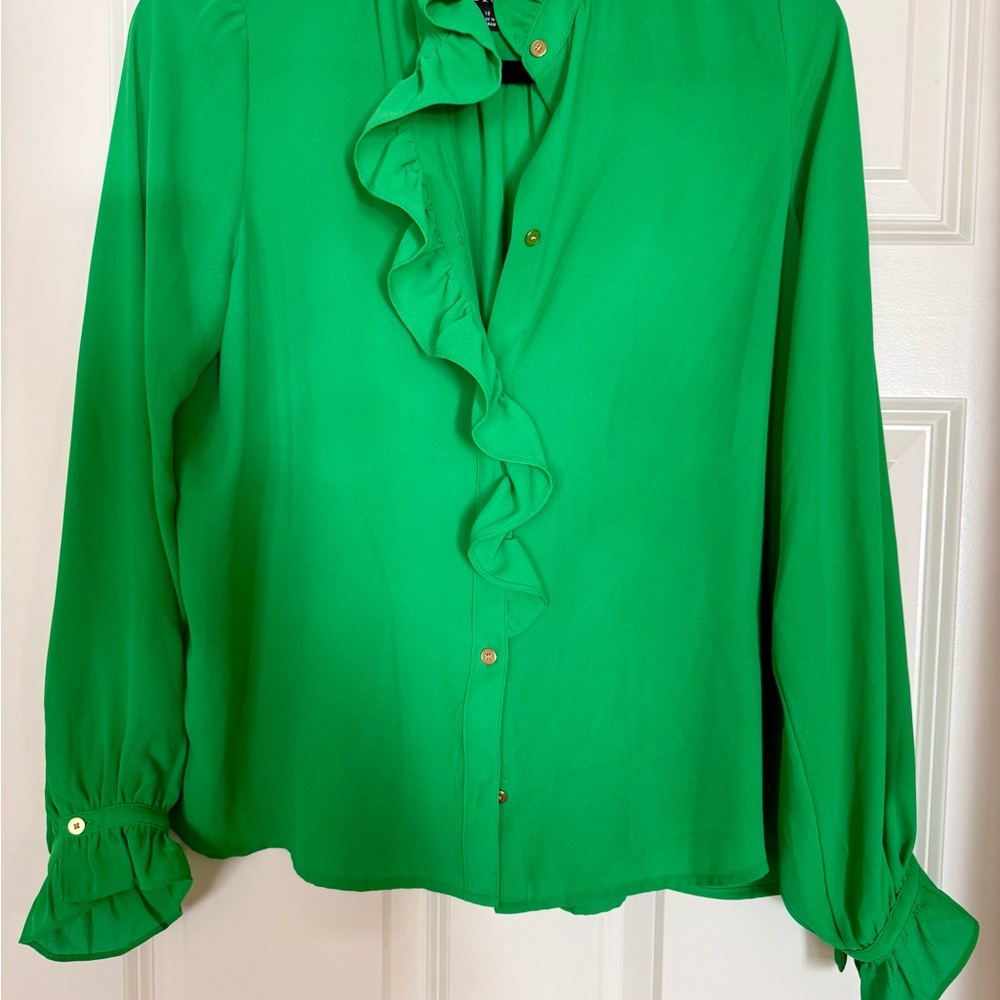 J. Crew Vibrant Green Ruffle Blouse